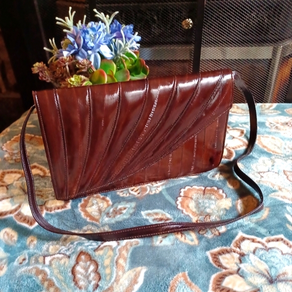 Vintage Genuine EEL Skin Leather Redish/Brown Clutch Purse W/Removable Strap 10" - Picture 1 of 16